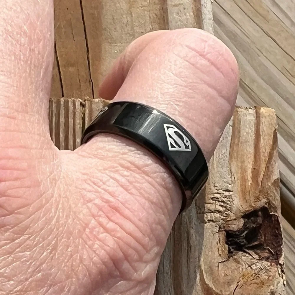 - Superman Sz 10.5 Black Stainless Steel Band Ring! NEW!
